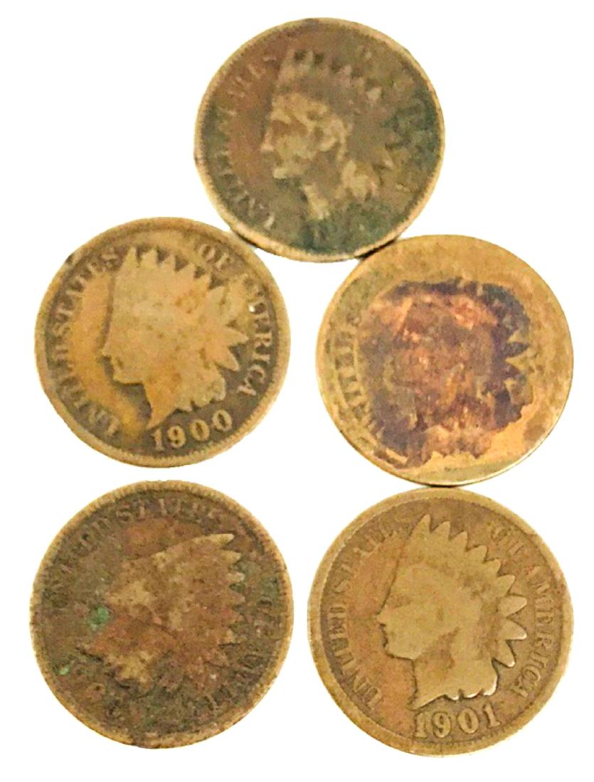 lot of 5 circulated Indian Head one cent pieces: Here is a lot of 5 circulated Indian Head one cent pieces. They would make a great addition to any collection book even at face value. The Indian Head Cent (aka Indian Head Penny) was produced from 18