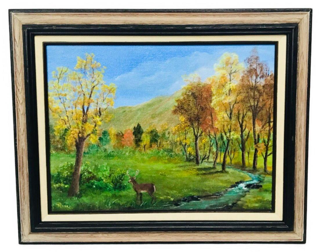 Original Acrylic Art by Roma, Woodland Scene, Signed: Original Acrylic Art by Roma, Woodland Scene, Signed; an originalwork of a buck deer in a meadowby a stream. The work is signed by Roma J. McCammon of Maryville, TN. This work is unglazed and mounted