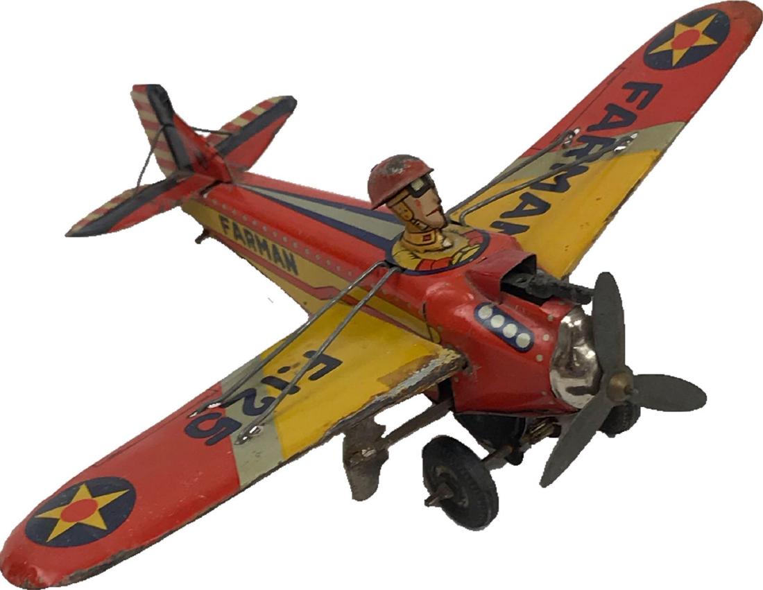 Very Rare Masudaya Wind-up Tin Toy Airplane: Very Rare Masudaya Wind-up Tin Toy Airplane; this model of a FarmanF.125 shows the trademark of Masudayaand is marked "Made in Japan". Our research has not found any other example of this toy. FarmanA