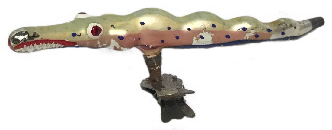 1920's Czechoslovakia Blown Glass Alligator Ornament: Here is one Highly Collectible and extremely rare Czech Glass Ornament. This Vintage Czechoslovakia Blown Glass Christmas Ornament. Alligator with Clip holder measures approximately 7" x 1" It is in g