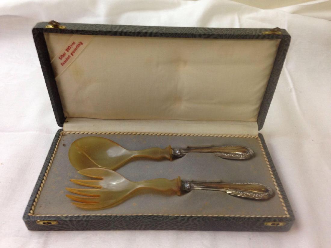 Antique/Vintage German Salad Serving Set - 800 Silver: Here is a classic antique/vintage Serving Set from Germany. The utensil ends of the flatware are clear Lucite that have yellowed with age. The Salad Serving Set does not show a hallmark. Howeve