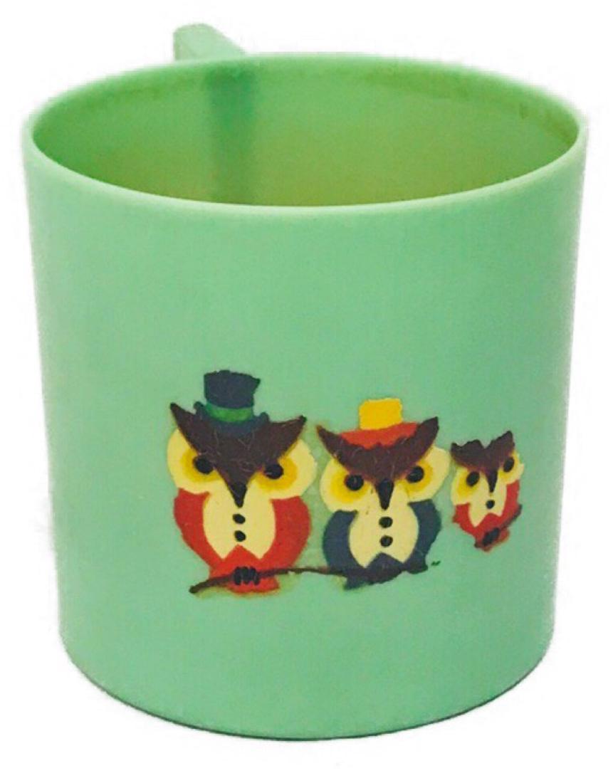 Vintage 30's Bakelite Child's OWL CUP Taumalit Germany: Here is a vintage Bakelite Child's teacup from the 1930's Germany. It was made by the Taumalit Company via the ISO Press. The bottom is marked with the company's logo as well as IOS Press and Ger