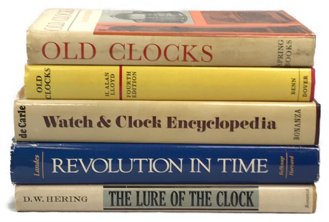 Lot of 5 Vintage Watch and Clock Books: Watch & Clock Encyclopedia by deCarle Old Clocks by Wenham Revolution in Time by Landes The Lure of the Clock by Hering Old Clocks by Lloyd
