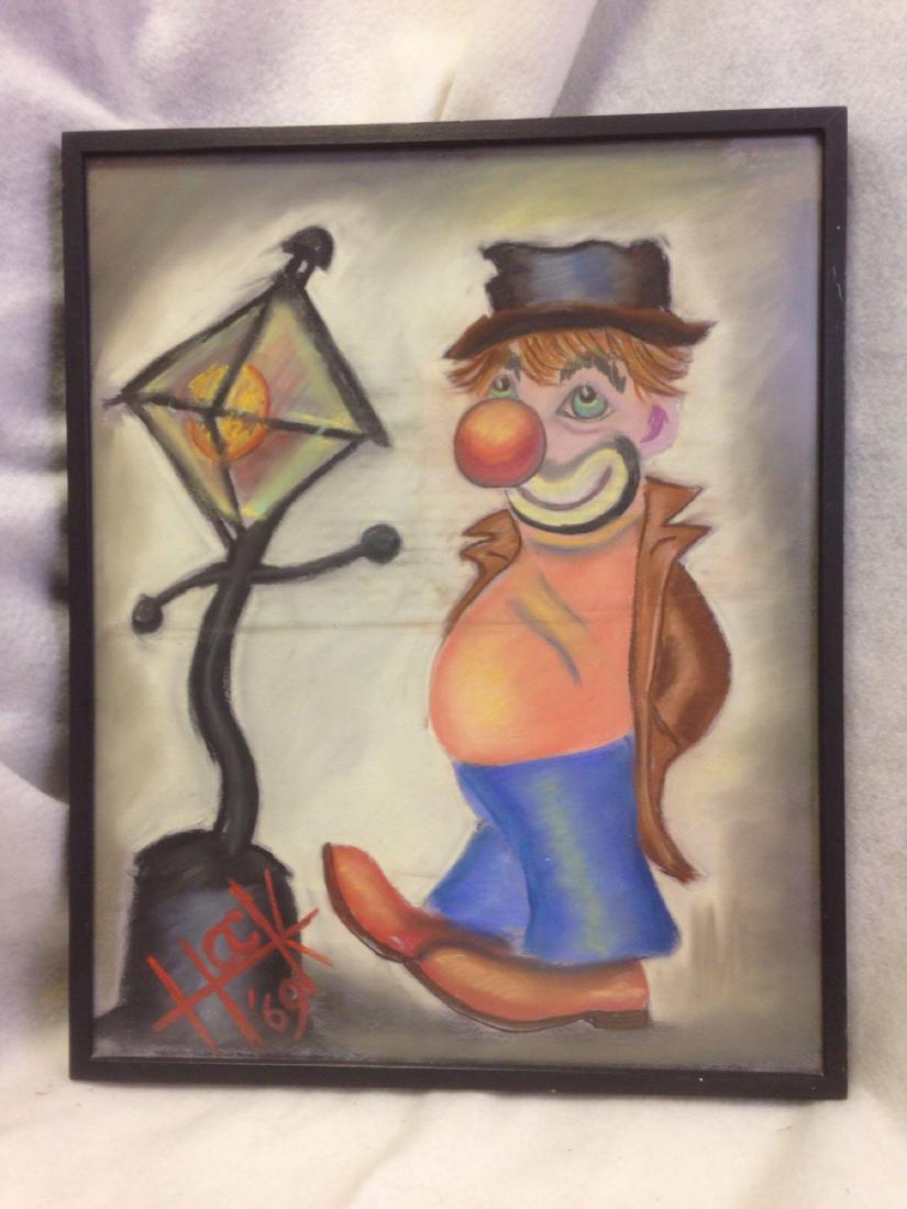 Vintage Clown Pastel Drawing - by Hack 1969: Here is a nice and vintage pastel drawing of a Clown hanging out by a Streetlight. It is signed by the Artist Hack in 1969 and is mounted in a nice frame with glass. The item is in good condition. Siz