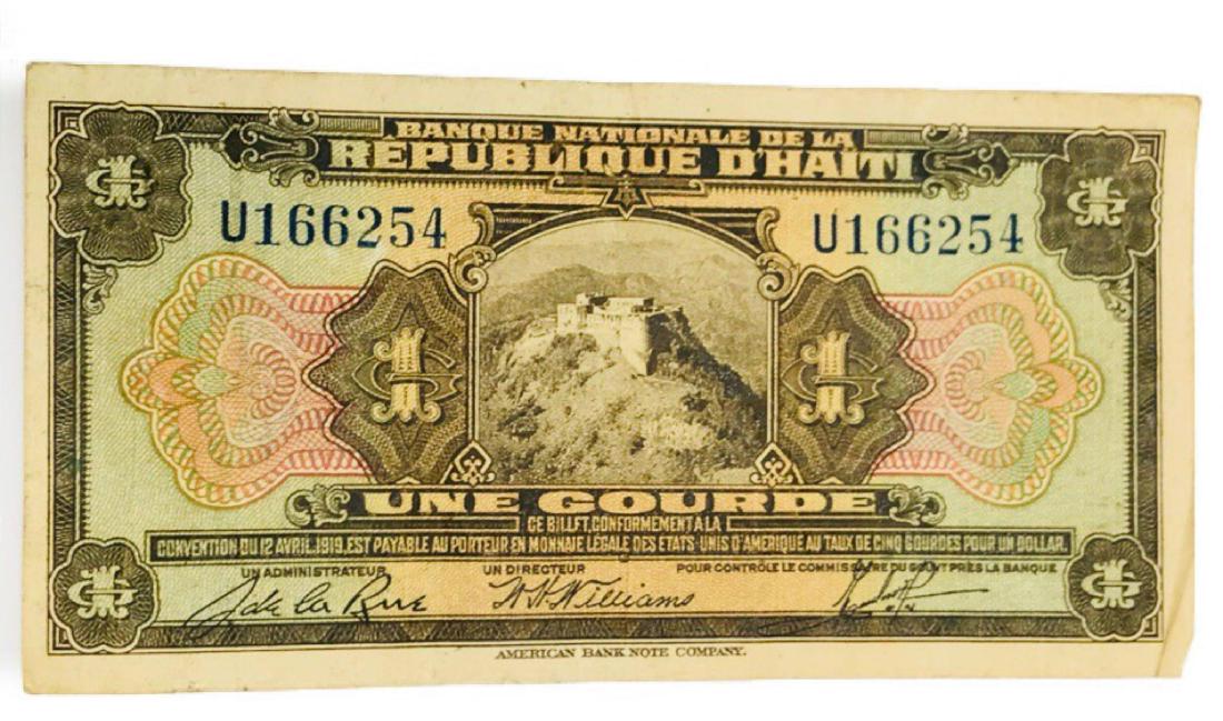 One Gourde Haiti Currency American Bank Note: One Gourde Printed for Haiti by the American Bank Note Company. Country: Haiti Value: 1 Gourde Issuer: Banque Nationale de la RÃ©publique d'HaÃ¯ti Date: Conv. 1