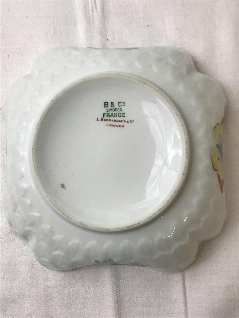 Bernardaud & Co Limoges Butterfly Porcelain Dish: Bernardaud & Co Limoges Butterfly Porcelain Dish; Gold rimmed square bowl with butterflies. Measures at approximately 6 1/2" L x 6 1/2" W x 2 1/4" H. 