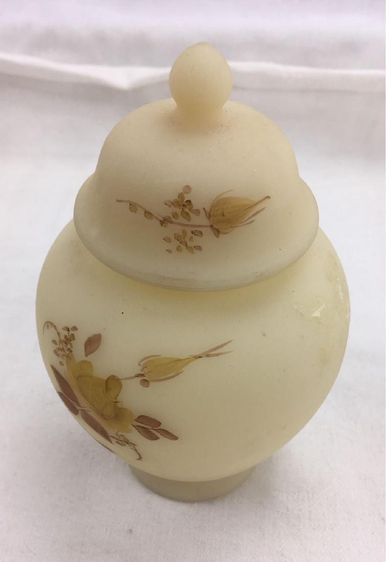 Fenton Frosted Glass Decorative Urn Jar: Frosted glass urn, decorated with roses, 6" tall, signed on the reverse as "hand painted by J. Watson" Made by Fenton Art glass in Custard Yellow