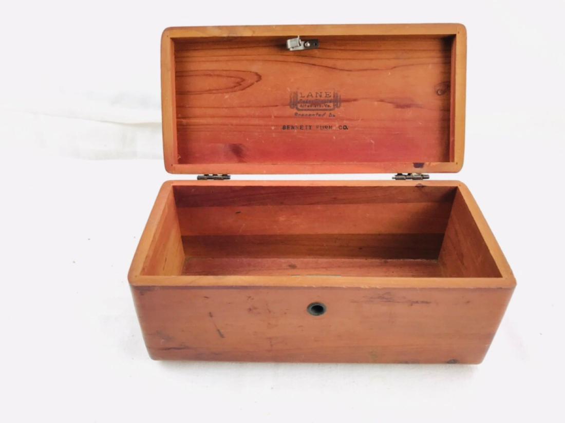 Lane Cedar Chest Salesman Sample: Lane Cedar Chest Salesman Sample; this little box is marked "Lane" and "Bennet Furn Co.". It is in good condition, it does show some very small chipping and light scratches, apparently from use. The k