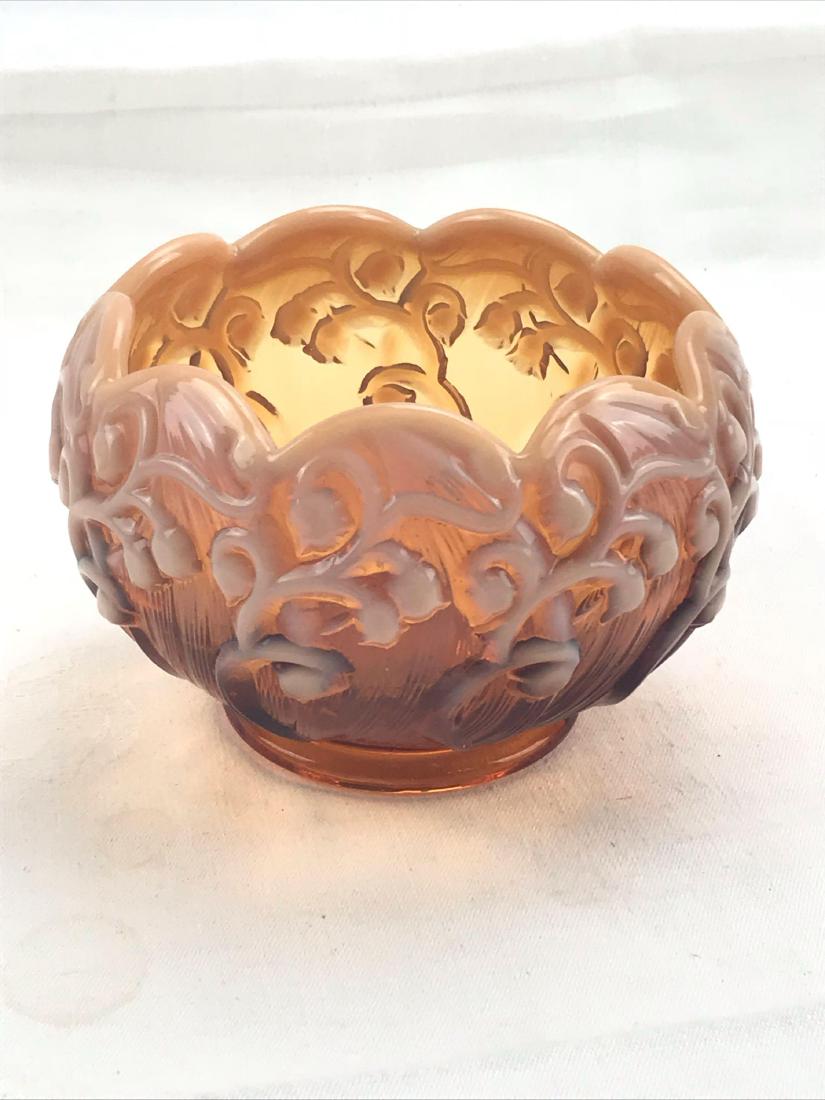 Fenton Amber Opalescent Lily of the Valley Bowl: Vintage Fenton Art Glass Amber Opalescent Lilly of the Valley Bowl. It measures approximately 5.5" across by 4" tall. No chips or cracks were discovered.