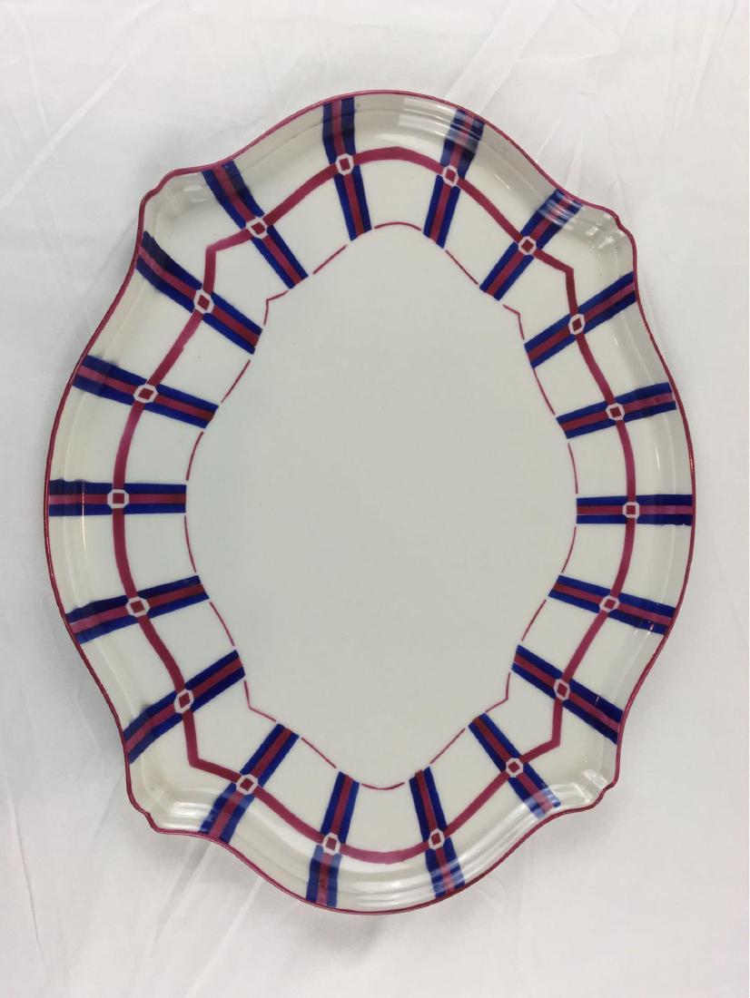 F. Legrand and Co. Limoge France Platter: Antique ,French,blue, red and white porcelain oval platter. Measures 16 1/4" x 13" x 3/4" thick. No visible damage.