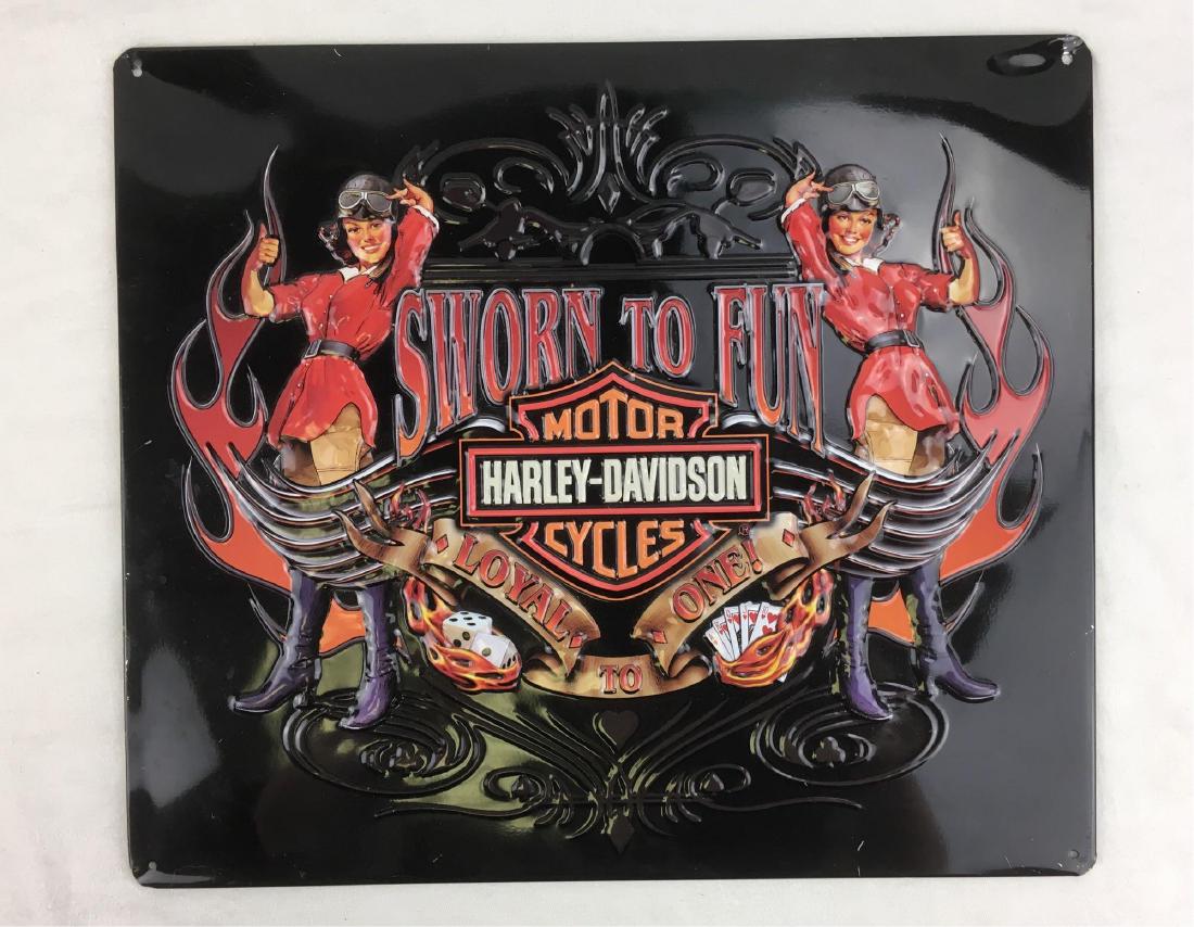 Metal Sign, Harley Davidson Sworn to Fun, Repro: Metal Sign, Harley Davidson Sworn to Fun, Repro a reproduction metal sign in excellent condition. The sign measures 15" W x 13" H.