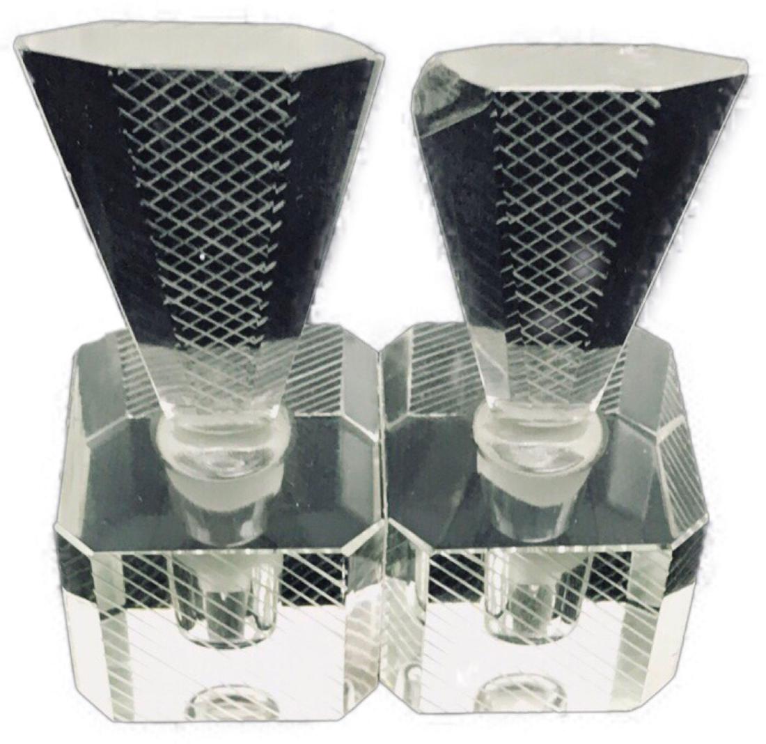 2 Art Deco Glass perfume Block Bottle: 2 Antique Ast Deco perfume bottles.These are made of etched clear glass and are quite heavy.one bottle shows a couple of chips to the applicator.The blocks measure apporxiimately2" square and the appl