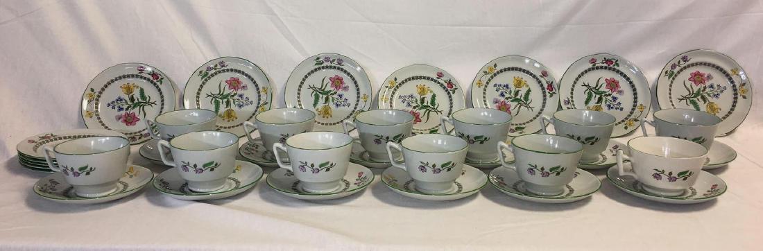 Spode China Collection of Cups, Saucers, and Desert: Spode China Collection of Tea Cups, Saucers, and Desert Plates, Summer Place pattern, all in mint condition, consists of 11 tea cups measuring 2 3/4" H x 3 1/2" DIA, 1 coffee cup measuring 2 1/2" H x 