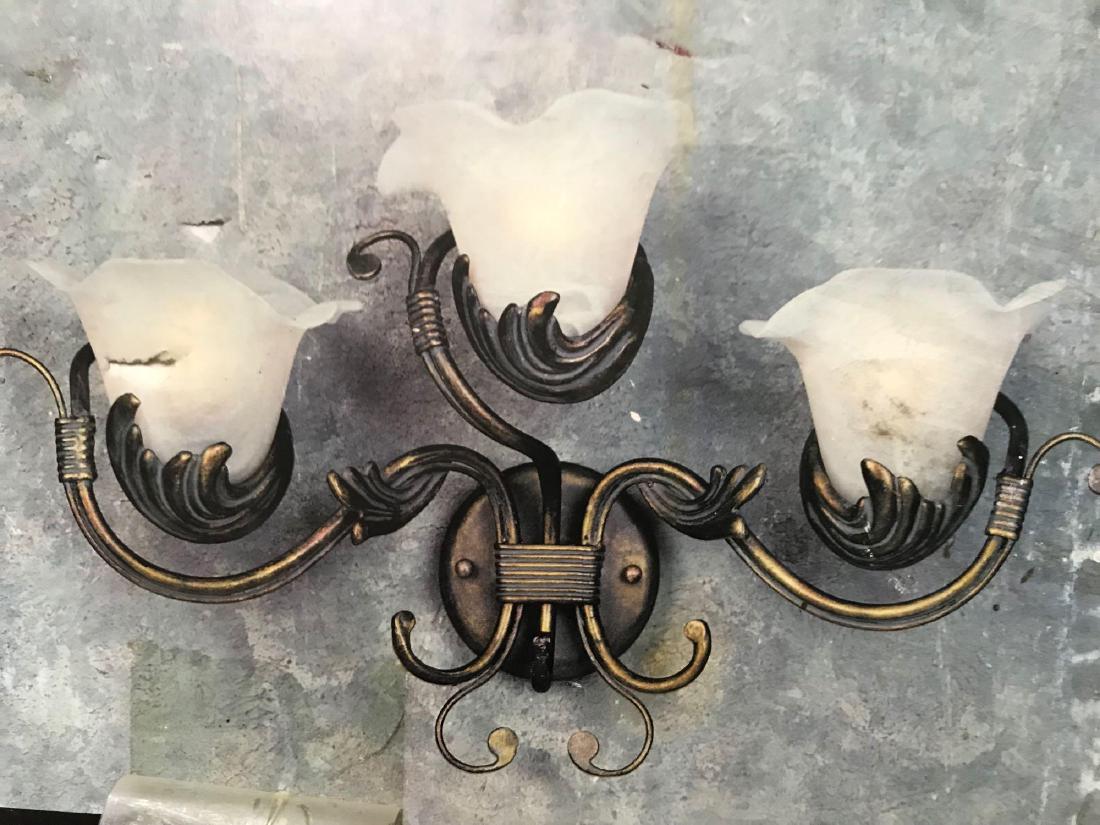Kitchler Lily Vanity Lighting: Kitchler Lily Vanity Lighting new in box; Fits 3 vanity lights and features alabaster swirl glass. Measures at approximately 23" W 13 1/2" H 8 5/8" Extention. NIB