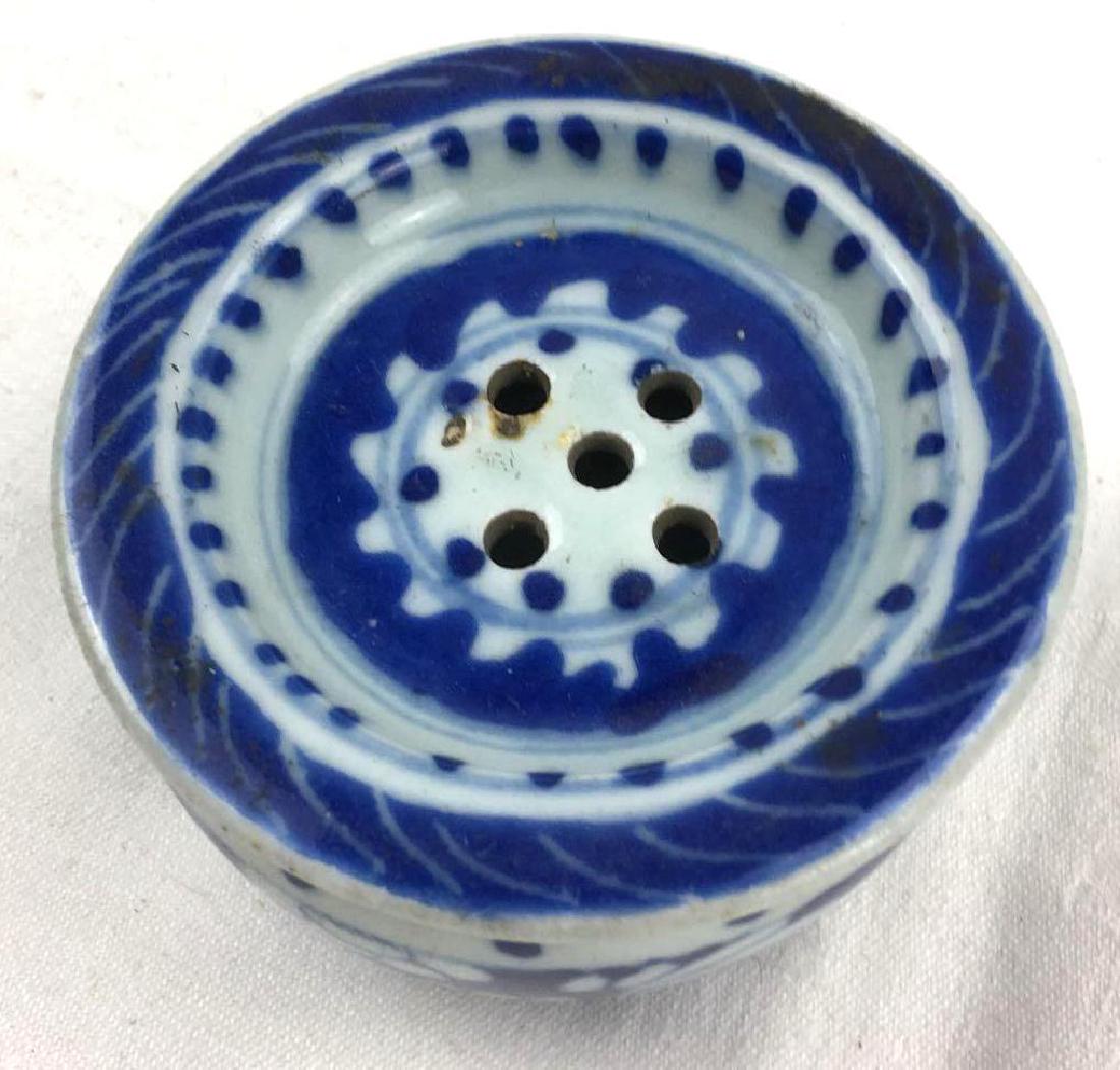 Vintage Chinese Ceramic Incense Burner, Blue on White: Vintage Chinese Ceramic Incense Burner, Blue on White; this piece is marked with a wax seal. It is of two piece design, a bowl with lid. The burner is in good condition, it does show a patina of age. 