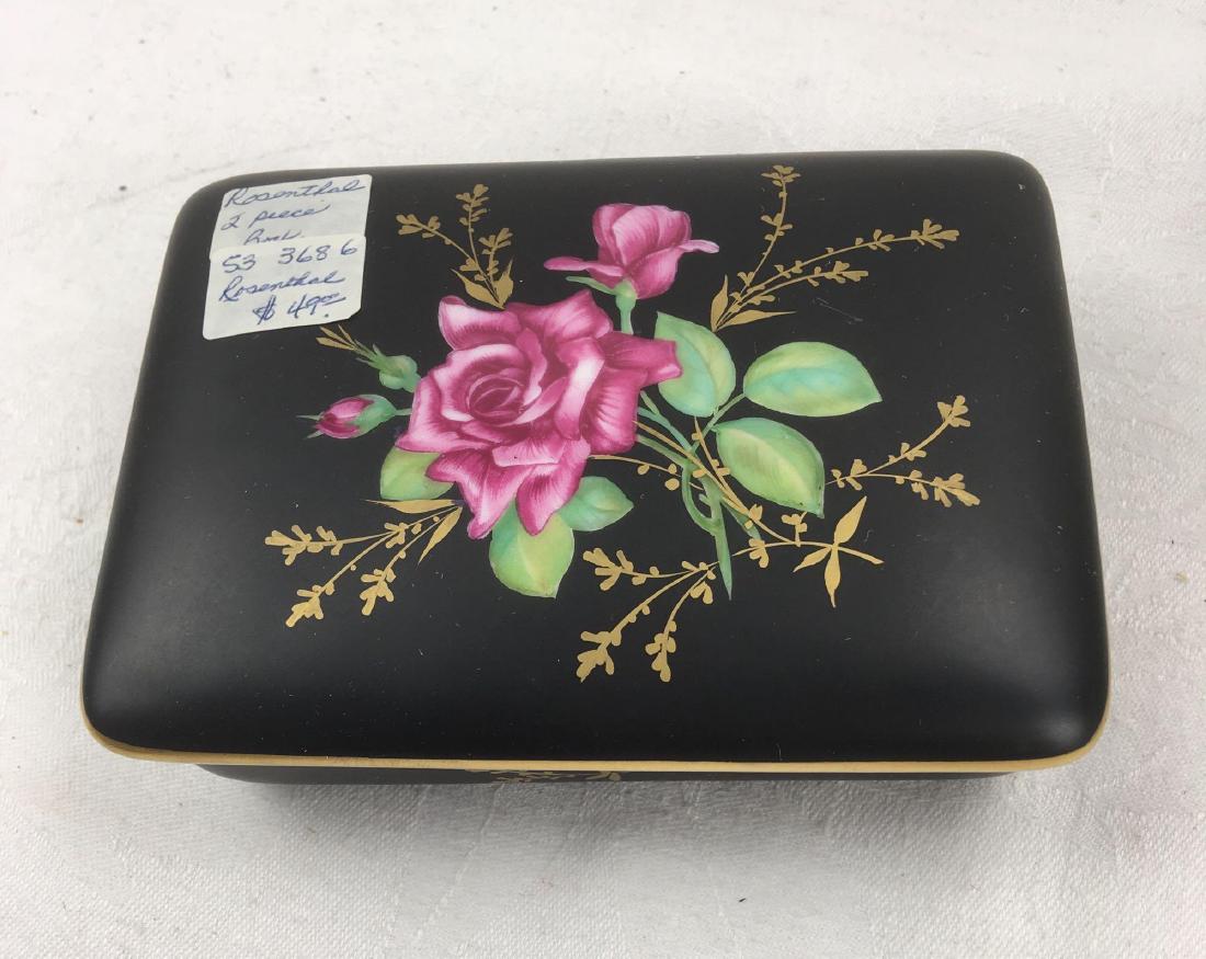 Antique Rosenthal Rose Trinket Jewelry Box: Rosenthal china trinket box in black, with a lovely rose on the lid. Box measures 3.1/2" x 5" and is in wonderful condition.Â 