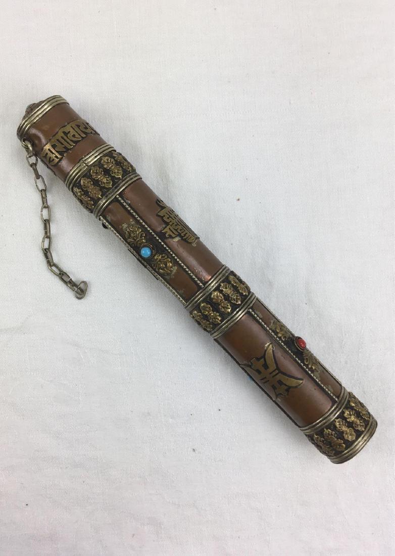 Nepalese Incense Container, Handmade Copper and Brass: Nepalese Incense Container, Handmade Copper and Brass; a unique and stunning piece to keep your incense fresh and free from damage. The cap shows the Tibetan BuddhistÂ Six Word Mantra in San