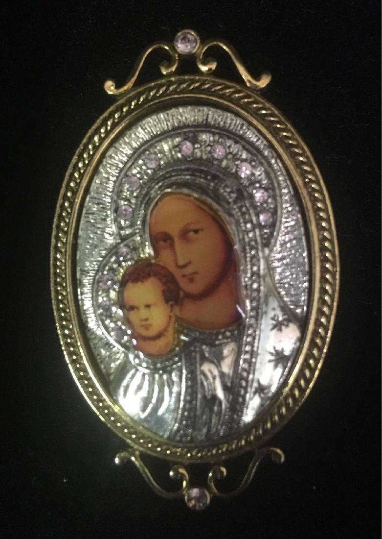The Vatican Library Collection Mary And Baby Jesus: The Vatican Library Collection Mary And Baby Jesus Brooch; It is marked The Vatican Library 14K Gold-Dipped and Silver-Tone Purple Crystal Enamel Iconica Mary Brooch from Symbols of Faith. It measures