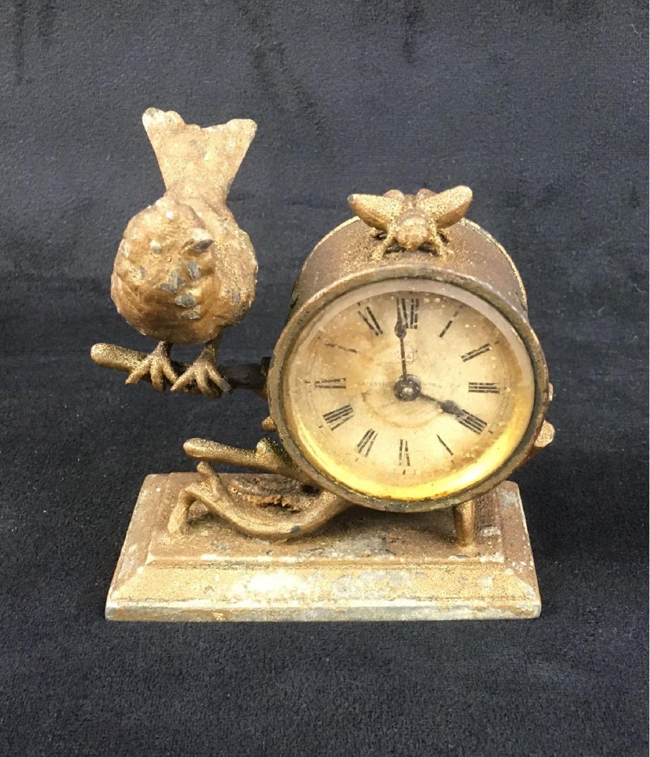 Antique Asonia Bird And Bee Desk Clock: Antique Asonia Bird And Bee Desk Clock; This piece dated from April 1878, is a rare AsoniaÂ desk clock featuring a bird and a bee. There is quite a bit of wear due to age and the clock is no longer 
