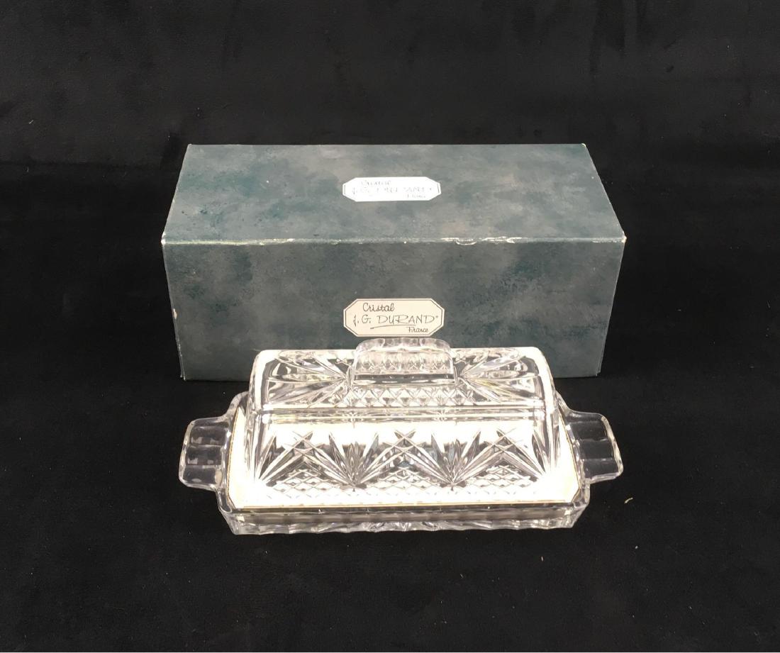 Crystal Butter Tray by J.G. Durand France: J.G. DurandÂ crystal butter tray with lid, made in France, in excellent condition. Approx. 8" long and 3" tall. Comes with box.