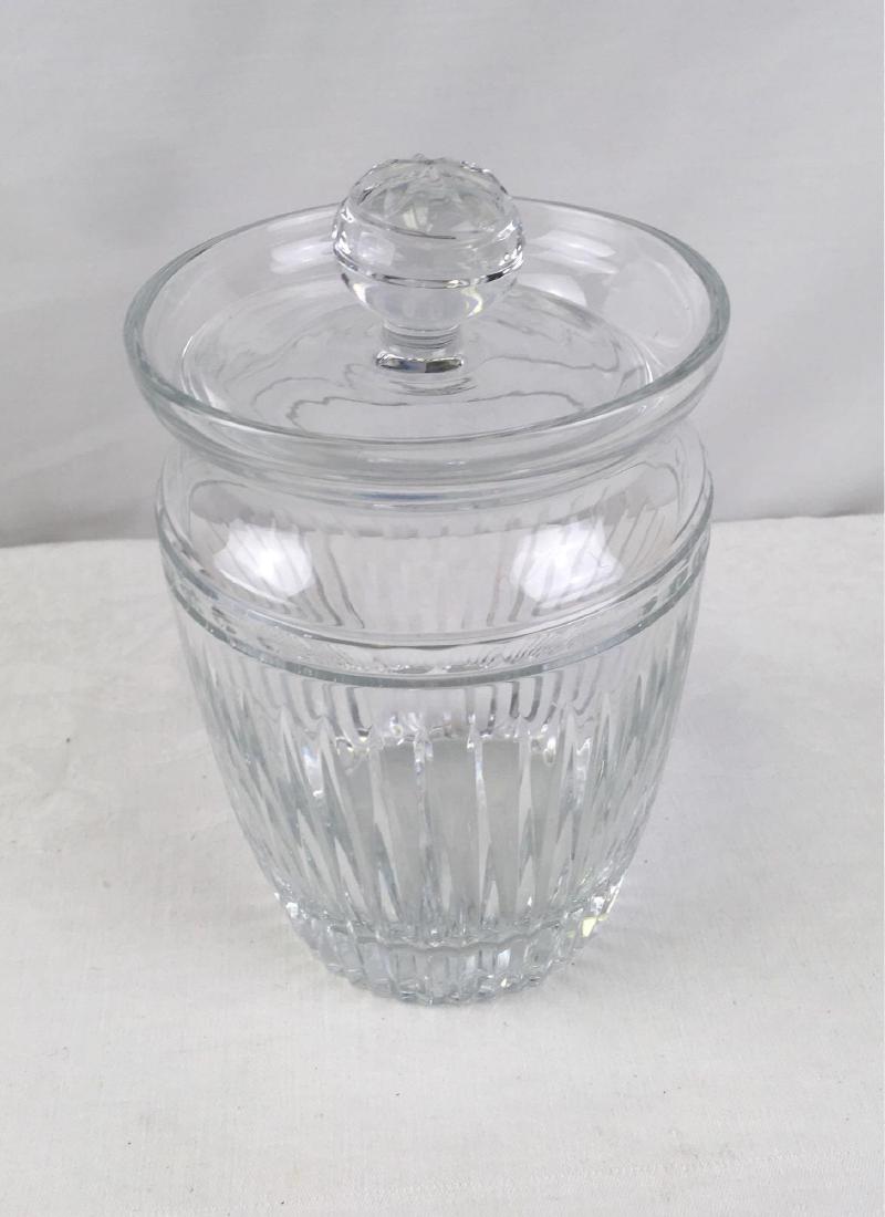 Fine Crystal Glass Candy, Cookie Jar with Lid, Marked: Fine Crystal Glass Candy, Cookie Jar with Lid, Marked; this is a heavy jar marked with an "M", although does not appear to the MuranoÂ mark. The jar is clear, the cuts are clean and sharp. This is a