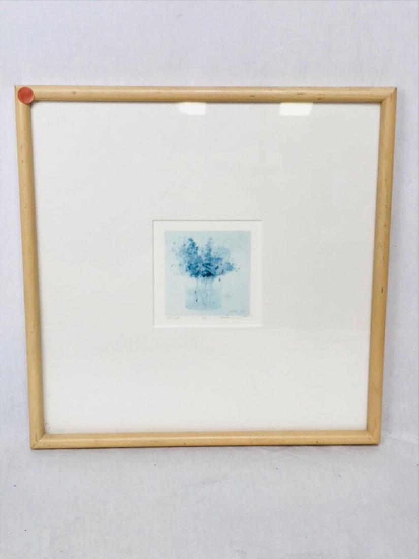 Signed and Numbered Print, Blue Flowers on Blue: Signed and Numbered Print, Blue Flowers on Blue; this is a very modern appearingÂ piece showing a delicate print framed in a large white space. It is glazed and mounted in a very clean maple frame. 
