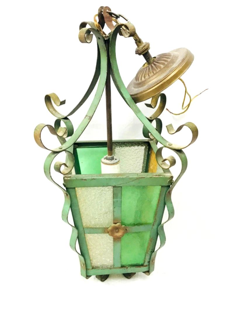 Vintage Porch Chandelier/Light, Spanish Style: Vintage Porch Chandelier/Light, Spanish Style; a noble hanging porch light/chandelier. The housing is steel showing a marine green antique finish. Each of the four facesÂ shows an applied rosette. T