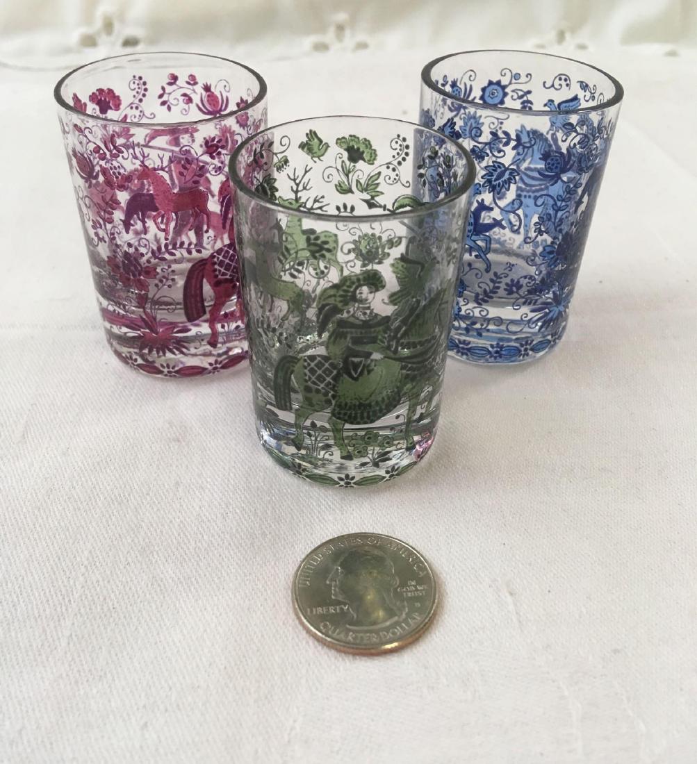 Vintage Western European Shot Glasses: Vintage Western European Colored Shot Glasses; Comes with a total of 3 and each measure at approximately 2 1/2" H x 1 1/2" D.