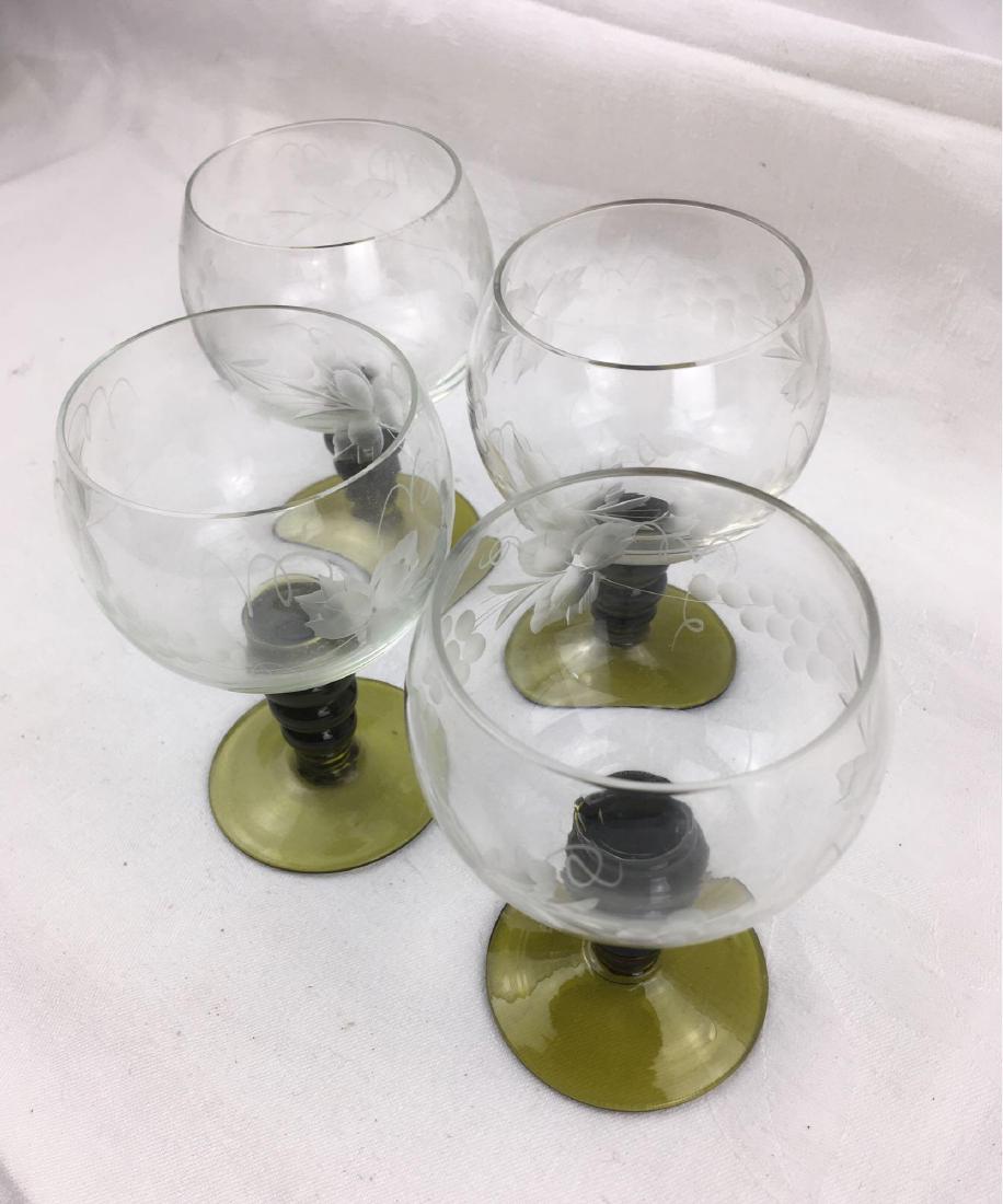 Mid Century Modern Austrian Etched Stemware, 4 Glasses: Mid Century Modern Austrian Etched Stemware, 4 Glasses; these are beautiful wine glasses with an etched grape vine motif on the bowl and green stems. These are all in excellent condition, each glass m