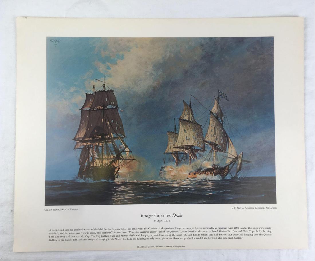 Vintage Ranger Captures Drake Naval Poster: Vintage Ranger Captures Drake Naval Poster; Featuring an oil painting by NowlandÂ Van Powell depicting a battle between Naval ships in 1778. This poster was made courtesy of the U.S. Naval Academy M