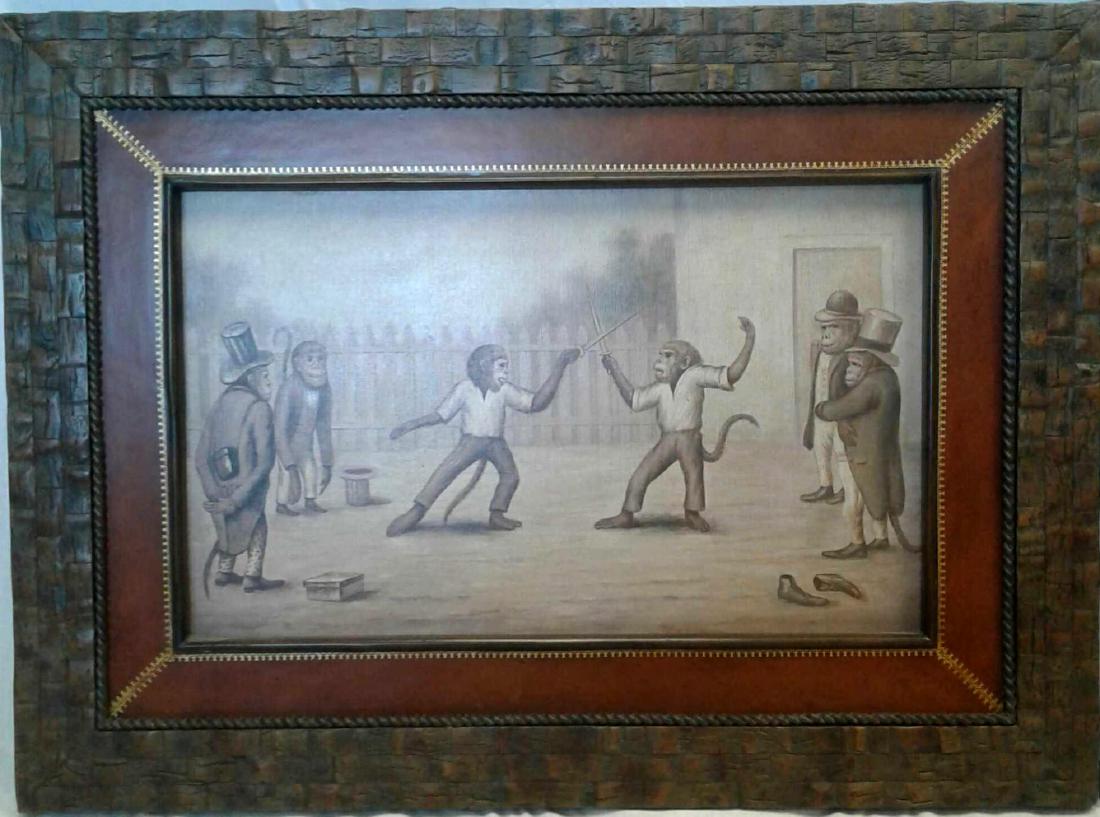 Vintage Maitland-Smith Artwork Dueling Primates: One framed piece of Maitland-Smith produced Artwork featuring primates in 19thÂ Century clothing, engaged in what appears to be a duel. Each piece is marked "Handmade in the Philippines", The frames