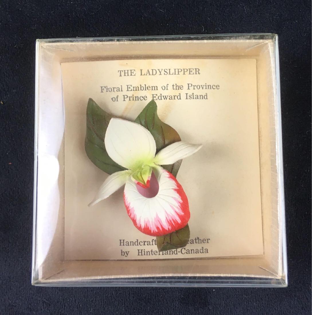 Vintage Ladyslipper Floral Emblem Brooch: Vintage Ladyslipper Floral Emblem Brooch;Â Vintage Handcrafted Leather Orchid Brooch, Original Card, Lady Slipper Floral Emblem of Prince Edward Island, Hinterland Canada, Pink Green Cream White, Fl
