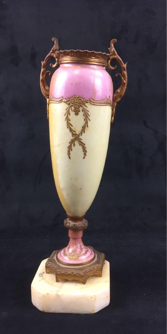 Vintage Hand-painted Brass Urn Style Sculpture on: Vintage Hand-painted Brass Urn Style Sculpture on Marble Base; this ornate piece is marked "France". It is in good condition showing some wear and staining from age. With the base it measures 3 1/2" x