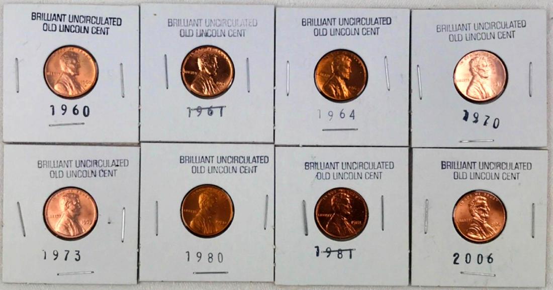 8 Brilliant Uncirculated Old Lincoln Cent: 8 Brilliant Uncirculated Old Lincoln penny one cent coins. Minted in the US. This lot includes the years: 1960, 1961, 1964, 1970, 1973, 1980, 1981, 2006.