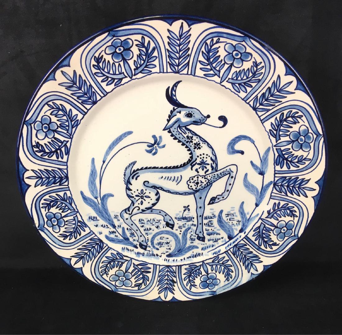 Vintage Hand Painted Decorative Plate of Fawn Blue on: Vintage Hand Painted Decorative Plate of Fawn, Blue on White; the origins are unknown, possibly Spain or Portugal. It is signed by the maker. This plate is in good condition, it does show some minor c