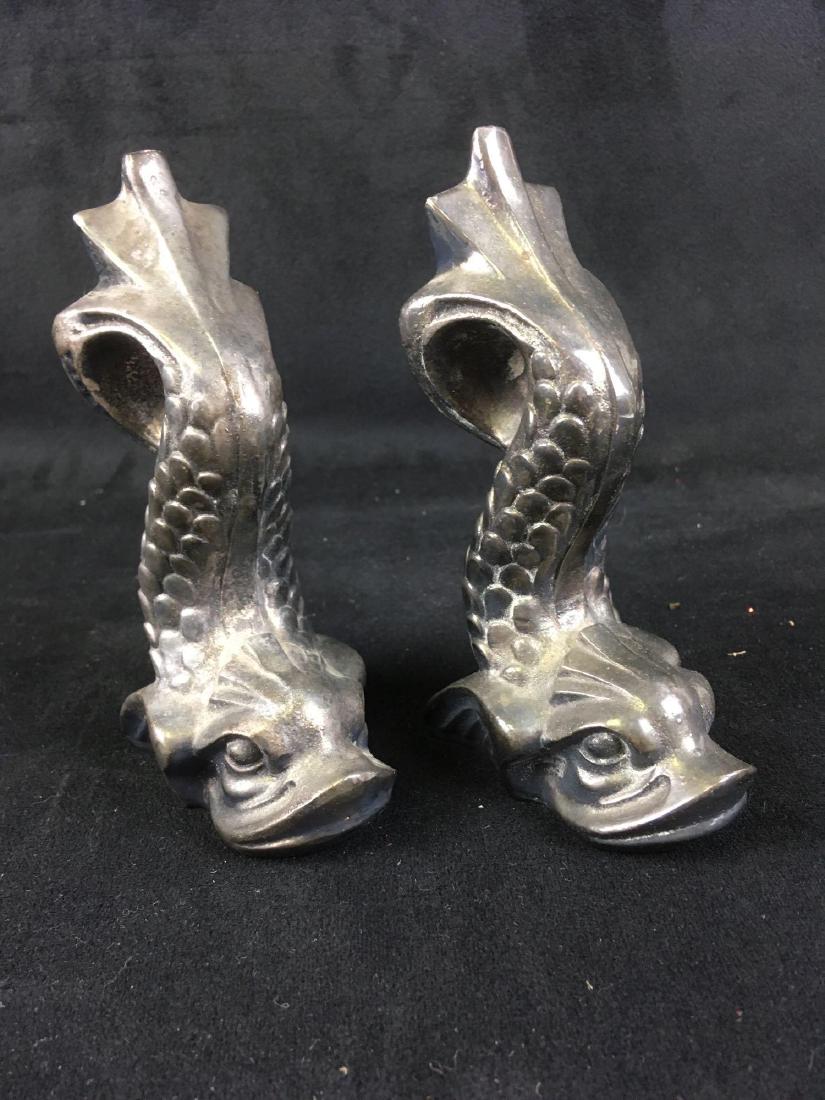 Vintage Pewter Maltese Dolphin Bookends: Vintage Pewter Maltese Dolphin Bookends; these heavy cast pieces are marked "Malta" with a Maltese Cross. These bookends are in very good condition with strong lines and details. Each dolphin measures