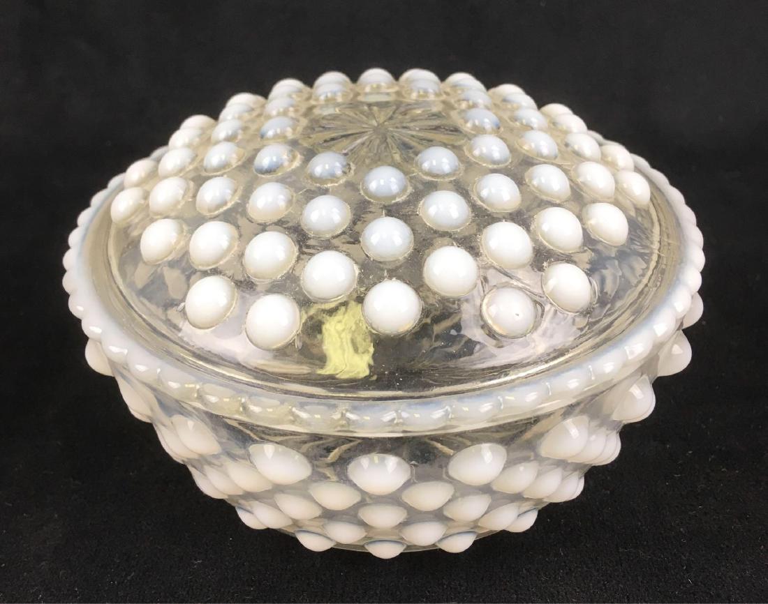 Vintage Fenton Moonstone Hobnail Glass Candy DishÂ with: Vintage Fenton Moonstone Hobnail Glass Candy DishÂ with Lid; this lovely dish is a moonstone opalescence finish. This dish is in very good condition, there are no chips or cracks noted. It measures