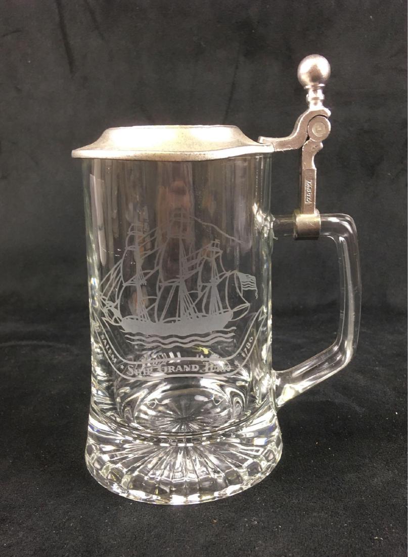 Vintage ALWE Glass Beer Mug with Pewter Lid Showing the: Vintage ALWE Glass Beer Mug with Pewter Lid Showing the Ship Grand Turk; the ship is etched in the glass .. This is the original Old Spice logo. The lid shows a compass rose and is marked "Old Spice" 