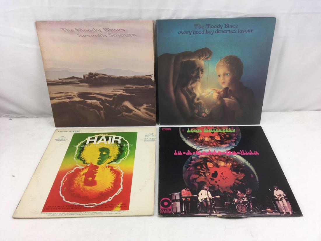Vintage Collection Of 1960-70s Vinyl Albums: Vintage Collection Of 1960-70s Vinyl Albums; This collection includes The Moody Blues Seven Sojourn and Every Good Boy Deserves Favour, Hair, The American Tribal Love Rock Musical, and Iron Butterfly 