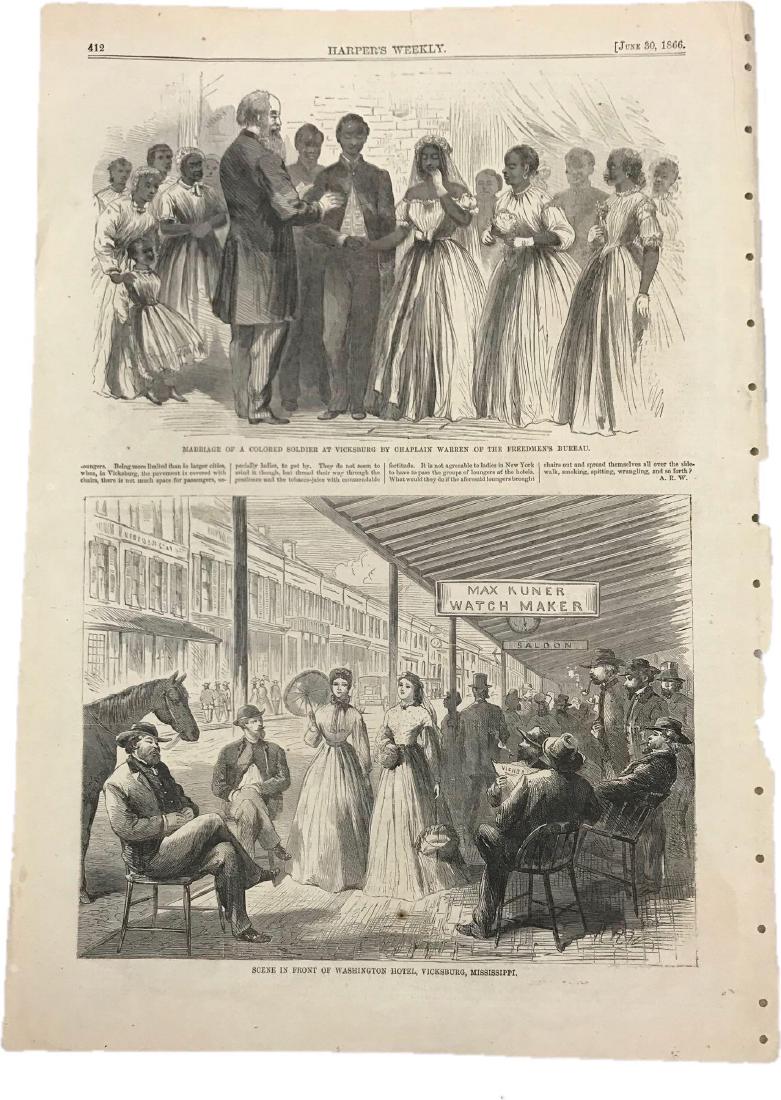 Rare Original Page of Harper's Weekly Newspaper, June: Rare Original Page of Harper's Weekly Newspaper, June 30, 1866; this is an original page printedÂ both sides. One side shows two half page illustrations; one titled "The Marriage of A Colored Soldie