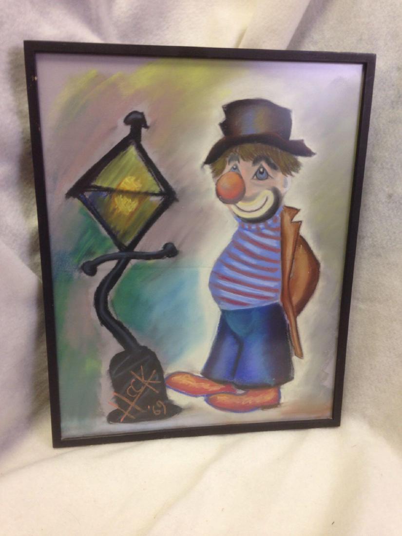 Vintage Pastel Drawing of a Clown - by HACK 1969 lot 1: Here is a nice and vintage pastel drawing of a Clown hanging out by a Streetlight. It is signed by the Artist Hack in 1969 and is mounted in a nice frame with glass. The item is in good condition. Siz