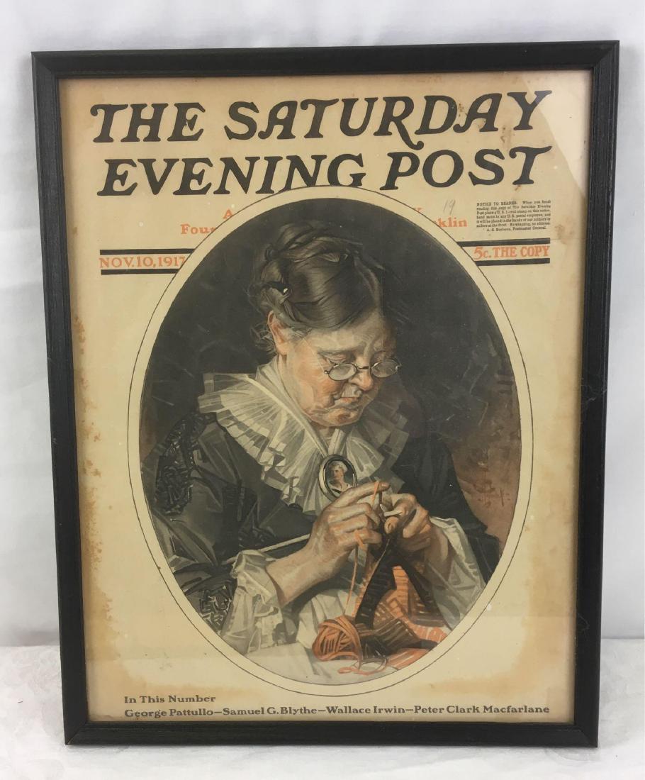 Antique Saturday Evening Post Cover November 1917: Antique Saturday Evening Post Cover November 1917;Â This framed piece features an illustration by JC LeyendeckerÂ titled "Knitting For Soldier Son". It has a bit of staining and appearance of age,