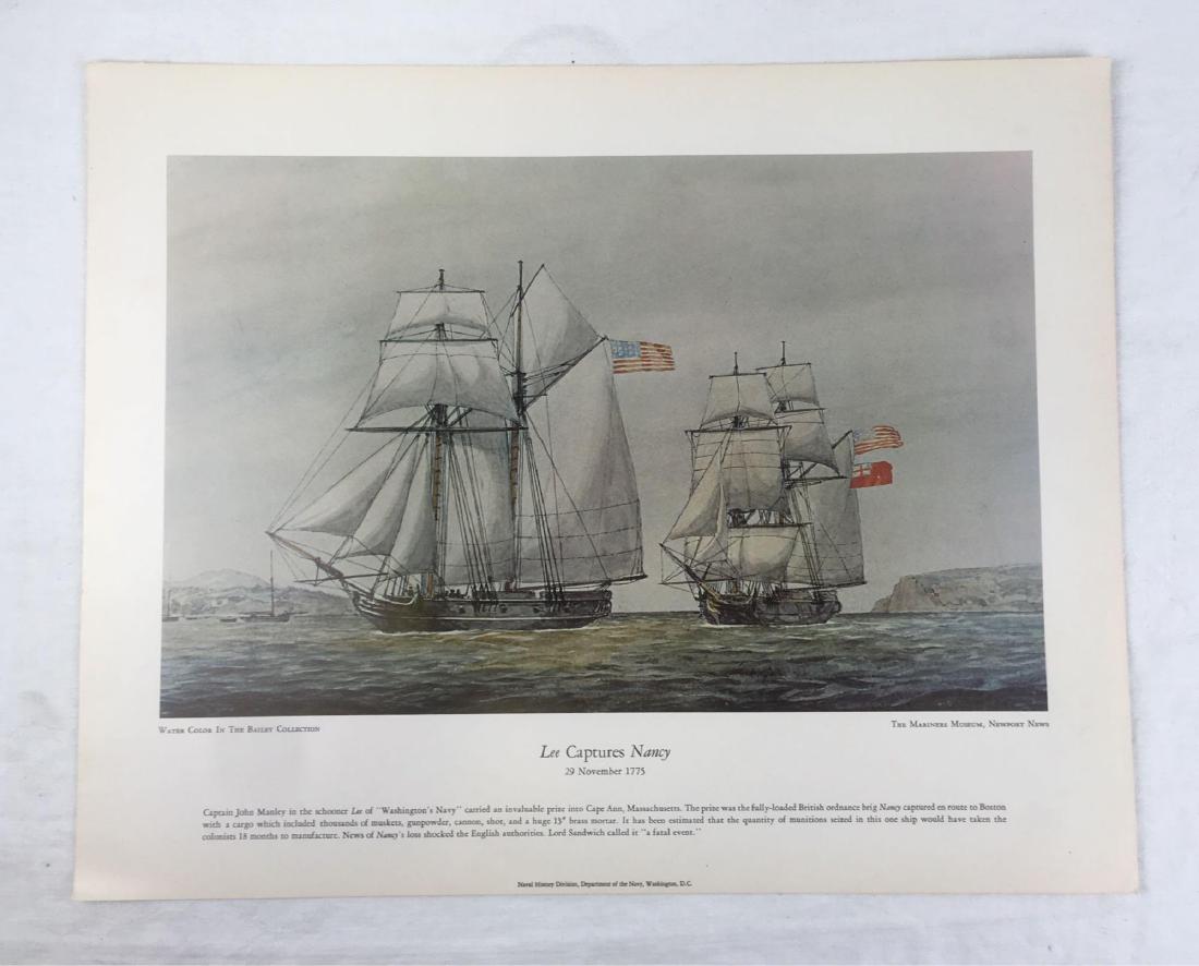 Vintage Print, Lee Captures Nancy: Vintage Print, Lee Captures Nancy; from the original watercolor in the Bailey Collection at the Mariners Museum. This print shows the captured British ship, Nancy being led into Boston. The ship carri