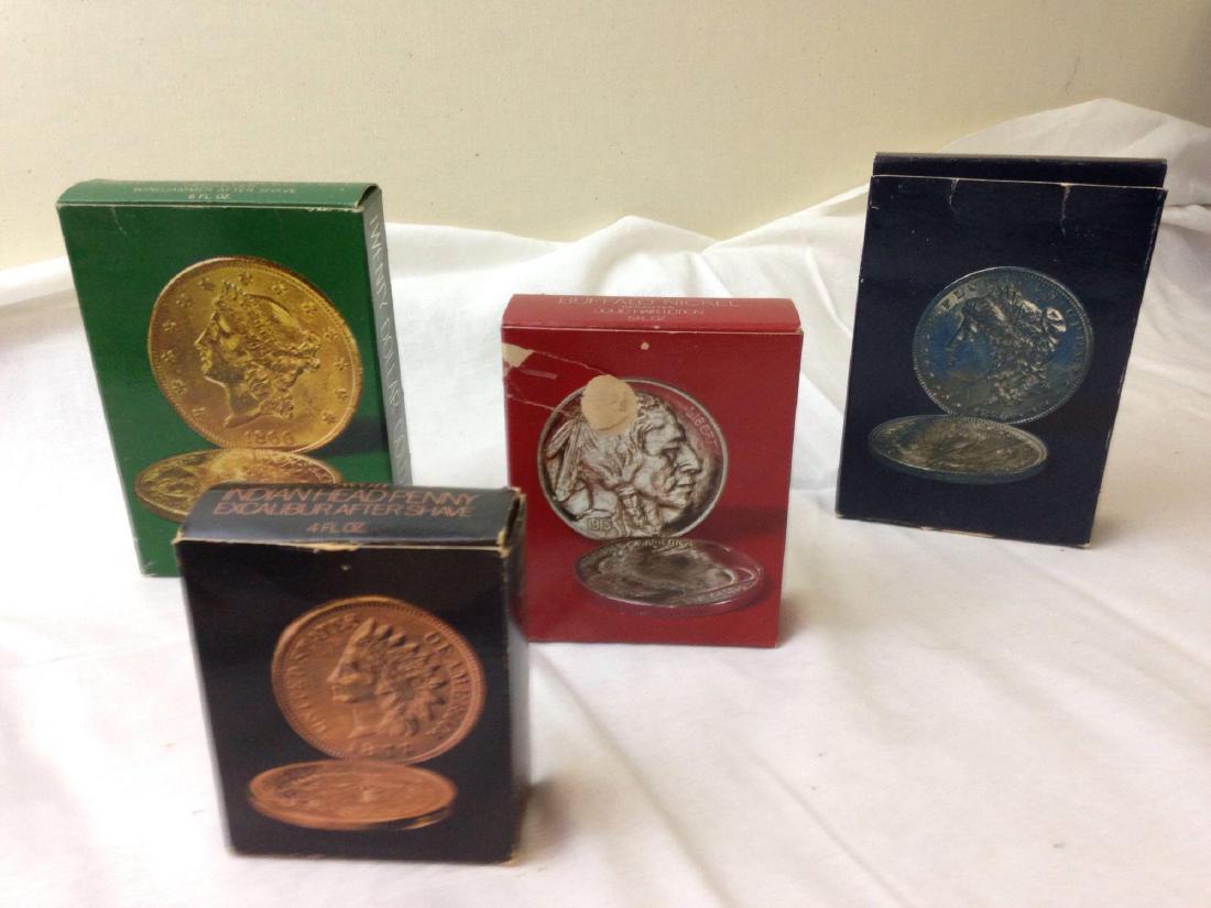 lot of 4 vintage AVON coin related cologne decanters: Lot of 4 Avon cologne decanters. Twenty Dollar Gold Piece, Liberty Dollar, Buffalo Nickel, Indian Head PennyÂ Â