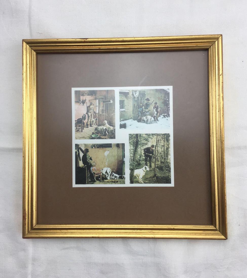 Vintage Small Framed Art From Italy, Hunting Scene: Vintage Small Framed Art From Italy, Hunting Scene; this piece is a collage of four hunting scenes, glazed and framed. This piece is from an estate of a military officer once stationed in Italy. The l