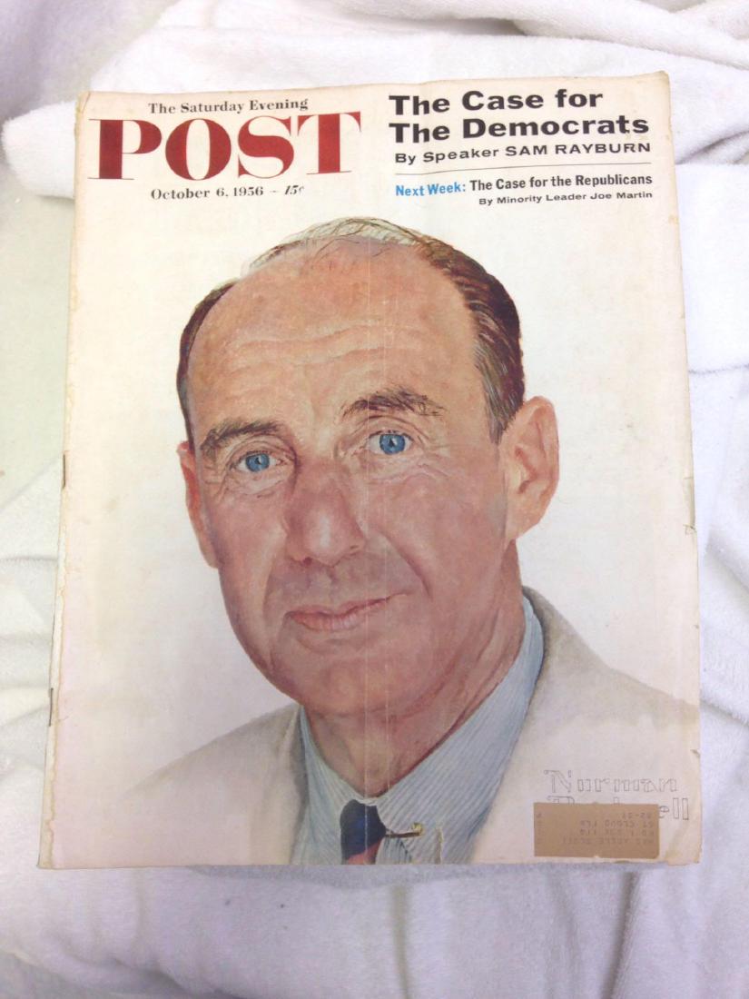 NORMAN ROCKWELL THE SATURDAY EVENING POST ADLAI: Here is a vintage issue of The Saturday Evening Post from 1956. This issue includes a wonderful Norman Rockwell cover. Not to mention quite the display of Mid-Century Decor and Fashion. Very interesti