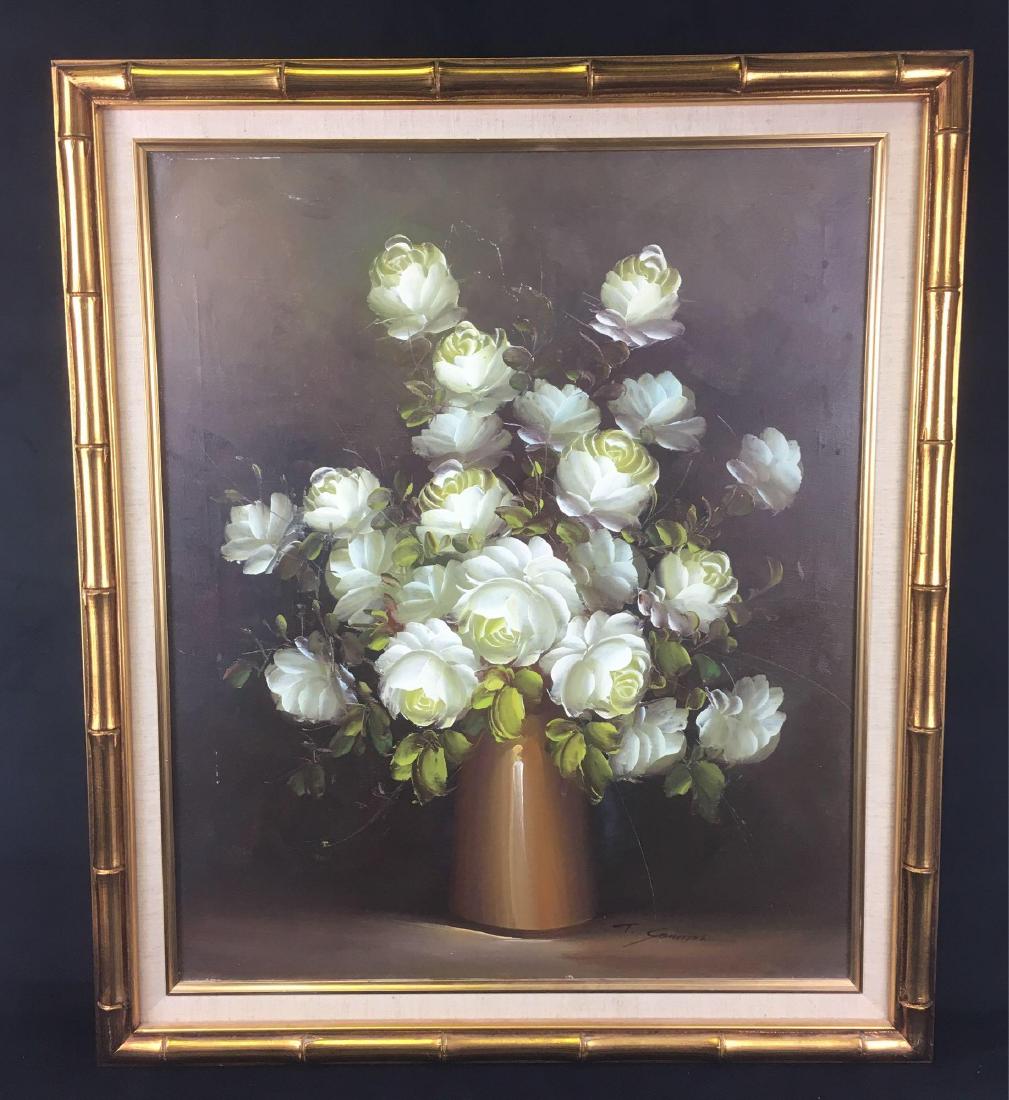 Vintage Original Oil Still Life Painting Signed T.: Vintage Original Oil Still Life Painting, Signed T. Connors; a floral still life. The work is unglazed, stretched on canvas and mounted in a gold finished bamboo style frame. The work is in fair condi