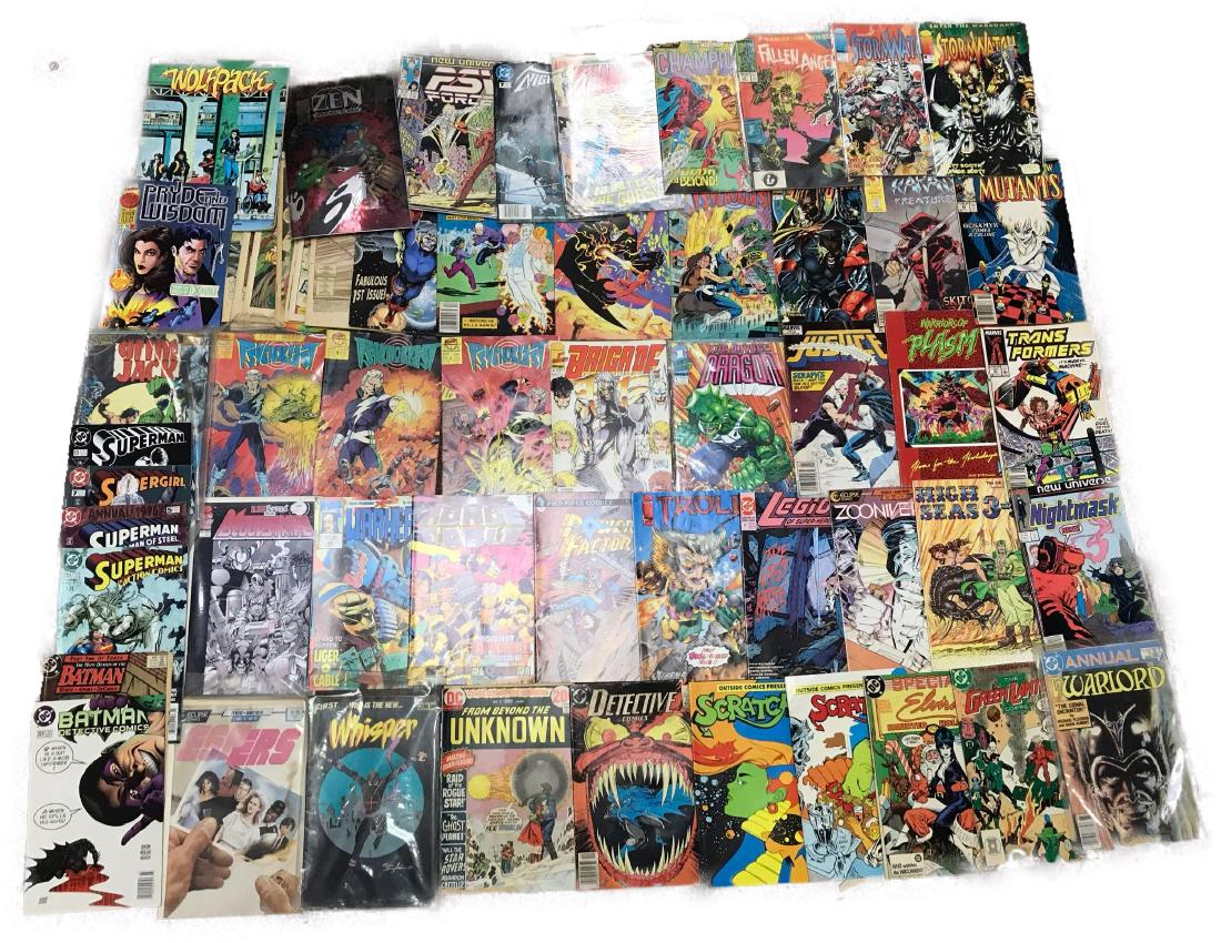 50 Plus Mega Mixed Comic Book Group: Large lot of vintage comic books featuring titles like Batman, Superman, Grim Jack, Wolfpack, Champions, Transformers, justice, Elvira, scratch, high seas 3-D, psychoblast, warhead, legion of super he