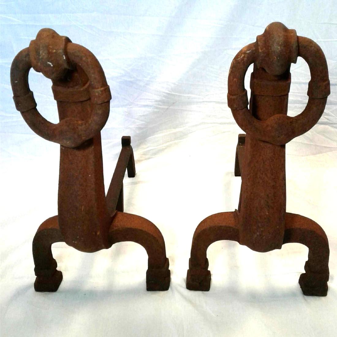 Antique Fireplace Andirons: Antique Fireplace Andirons, very substantial, condition good, shows overall layer of oxidation with some pitting, still very sturdy, each measures 10" W x 22" D x 19" H, weight estimated at 20 lbs. ea