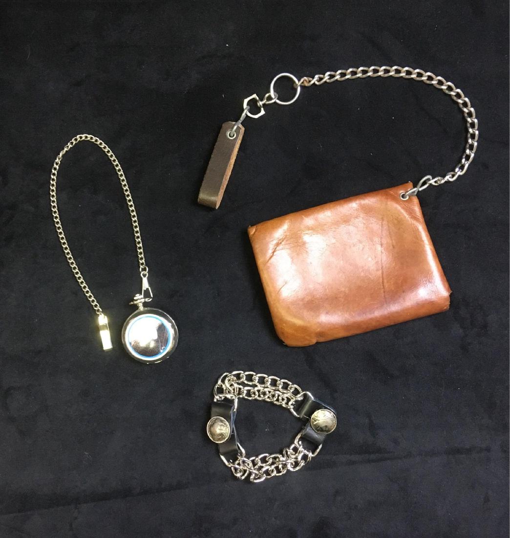 Vintage Biker Accessory Lot: Bikers lot of 3 different items for the Harley Davidson rider.Â 5.1/2" x 4.1/4" tan leather wallet on a 10" chain Modern Bald Eagle pocket watch on a 14" chain Indian Head Buffalo nickel styled, do